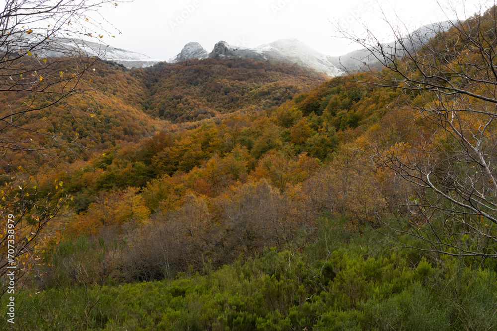 Las Ubiñas la Mesa landscape in Cantabrian mountains with snow and autumn forest Las Ubiñas la Mesa landscape in Cantabrian mountains with snow and autumn forest