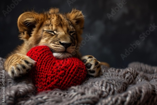 studio light photo of A red knitted heart in the paws of a little lion copy space