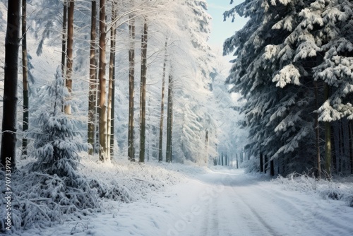  a snow covered road in the middle of a forest with lots of trees on both sides of the road and snow on the ground on both sides of the road. © Anna