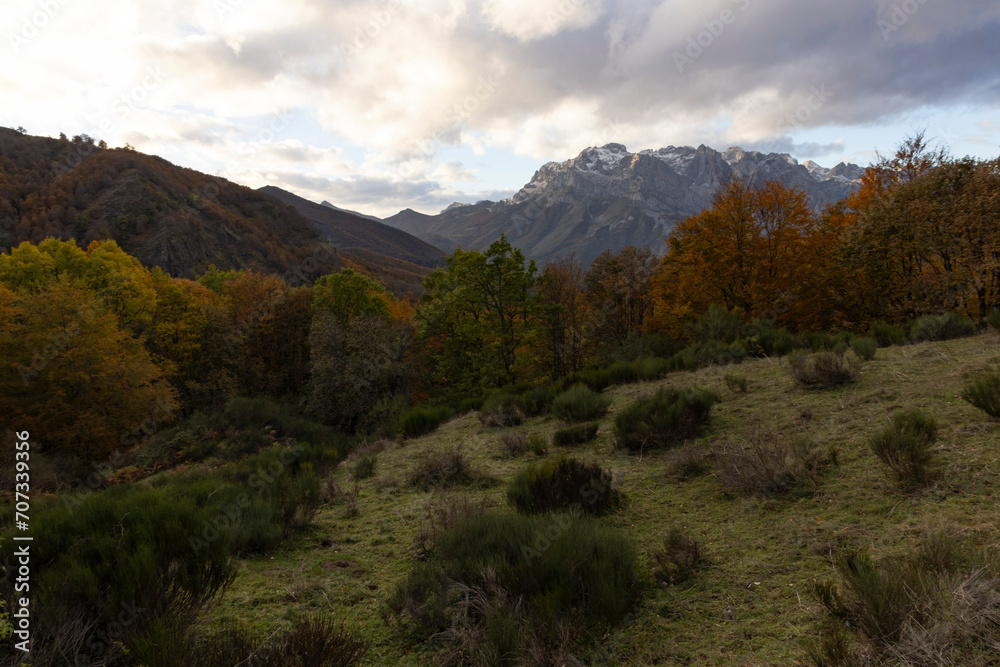 Autumn landscape of Picos de Europa natinal park mountain range in Spain with bright forest leaves Autumn landscape of Picos de Europa natinal park mountain range in Spain with bright forest leaves