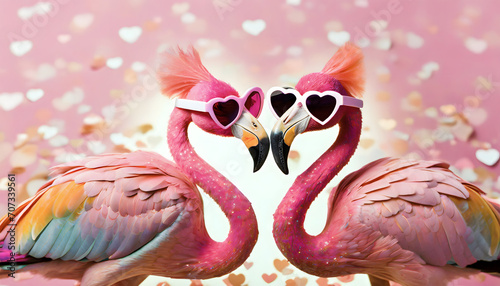 zwei, flamingos, ehepaar, close up, cartoon, hintergrund, copy space, karte, reklame, werbung, sonnenbrille, pink, valentin, day, herzen, liebe, 3d photo