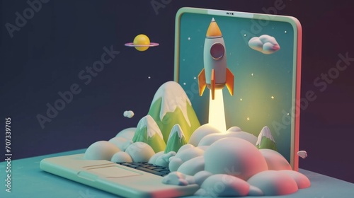 Laptop Launchpad: A Captivating Rocket's Photorealistic Escape photo