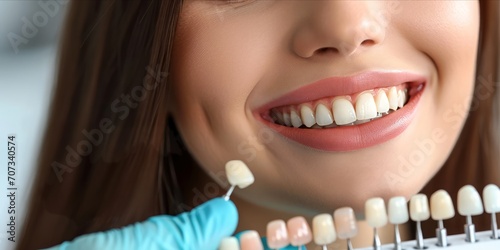 A Precision Decision: A Young Woman Engages in Close-Up Color Selection for Her Teeth During a Dental Appointment, Ensuring a Bright and Confident Smile, Generative AI