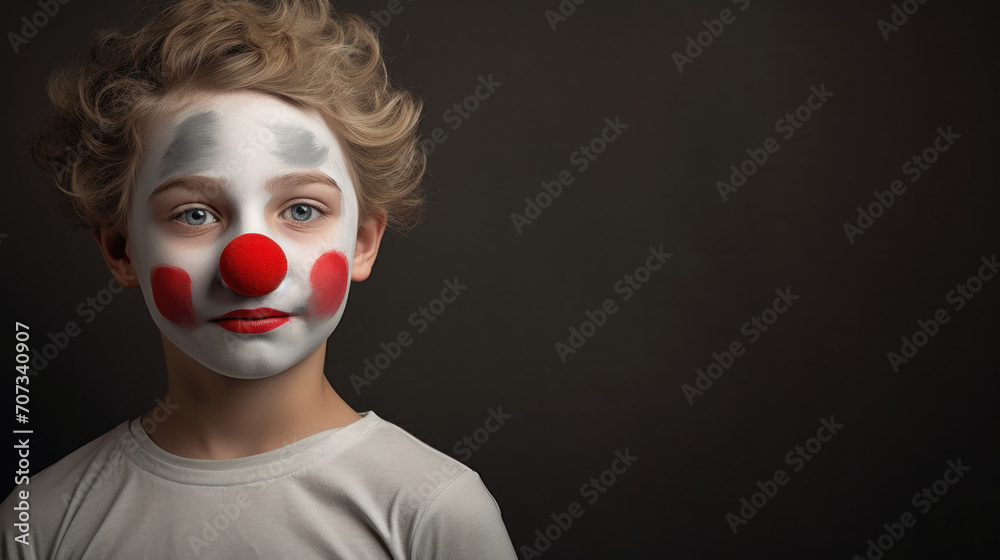 Young child with classic clown makeup, a red nose, and a thoughtful expression, set against a dark backdrop, evoking a serene April Fool's Day
