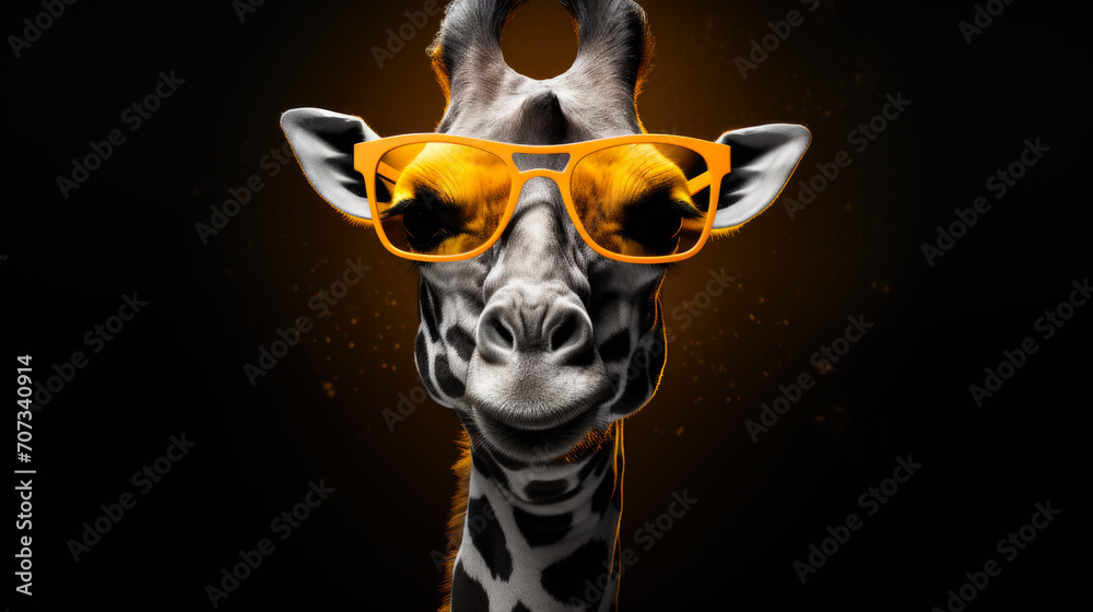 Stylish giraffe in sunglasses on dark background - obrazy, fototapety, plakaty 