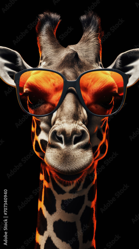 close-up portrait of a giraffe in orange sunglasses on a black background - obrazy, fototapety, plakaty 
