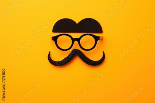 Minimalist concept of disguise with a black mustache and round glasses against a vibrant yellow background, ideal for April Fool's Day themes