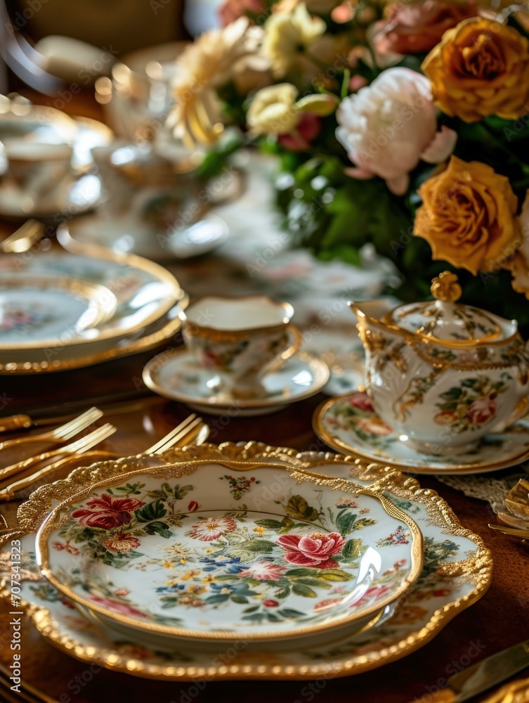 A table set with a fancy dinner. Generative AI. A table set with a fancy dinner. Generative AI.