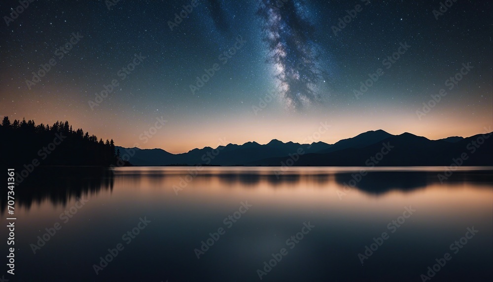 Starry Night Over Tranquil Lake with Mountain Silhouettes