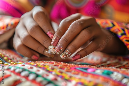 A woman with colorful nails on her hands. Generative AI.