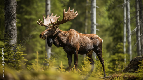 moose with majestic antlers in a clearing of a forest. side view