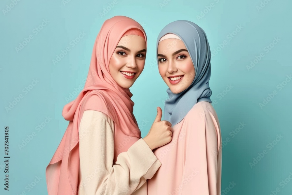 Two women in hijab pose for the camera. Generative AI.