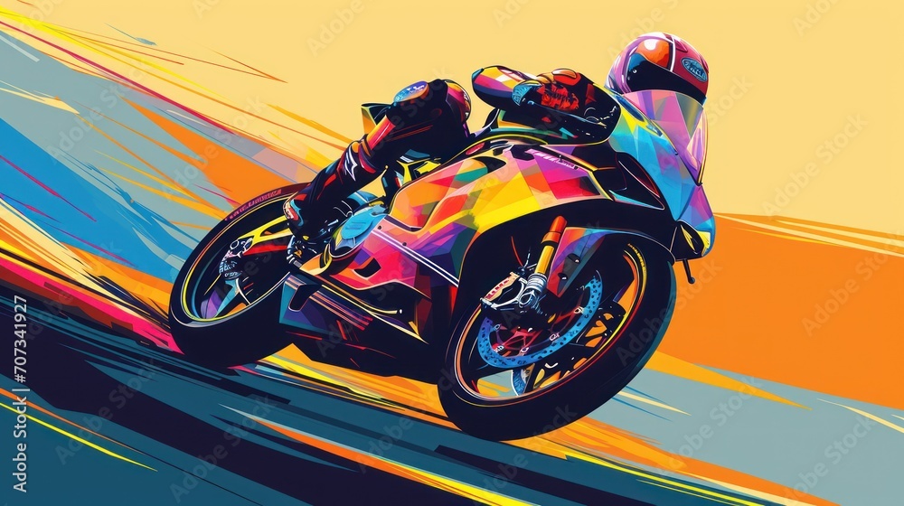  a painting of a motorcyclist riding a motorcycle on a track with a yellow and blue background and a red, yellow, orange, yellow, pink, and blue, and green, and yellow background.