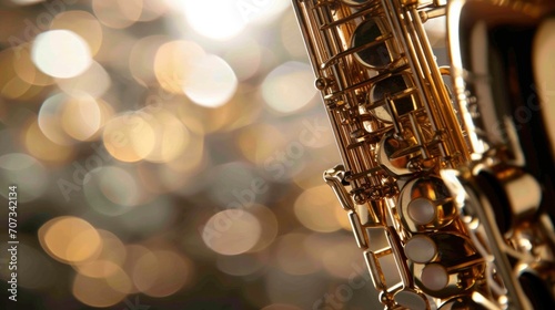 A saxophone is shown in front of a blurry background. Generative AI. photo