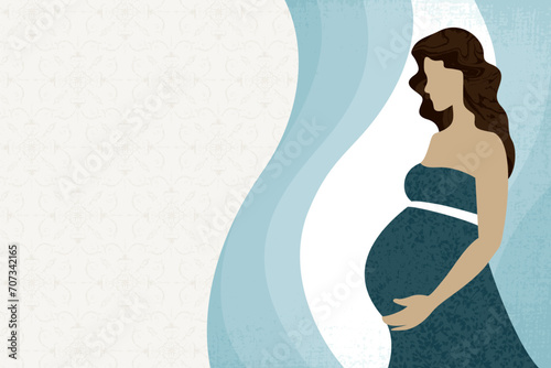 A teal illustration of a pregnant brunette woman and copy space, in a cut paper style with textures
