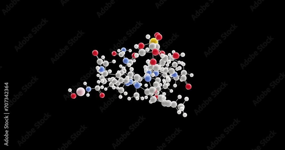 Hydroxocobalamin molecule, rotating 3D model of vitamin b12a, looped video on a black background