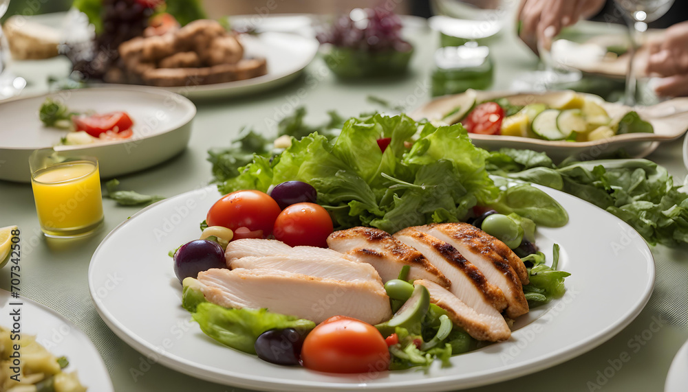 A healthy plate featured a colourful salad of red tomatoes, organic vegetables and tender chicken with olives.