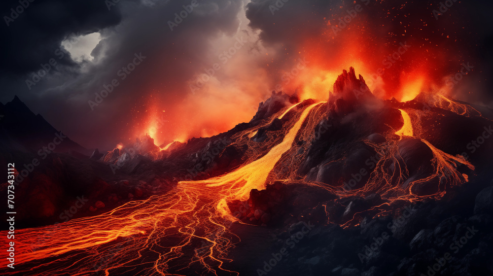 a volcano erupting with lava running down its slopes