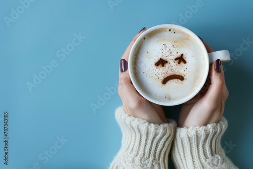 Woman hands holding coffee cup with sad face drawn on coffee. on blue background with copy space. Emotions, blue monday, hard morning, difficult day concept