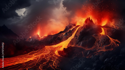 a volcano erupting with lava running down its slopes