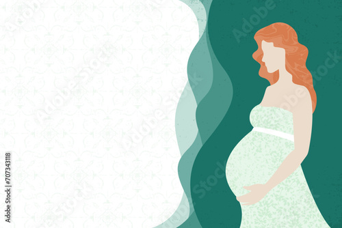 A teal illustration of a pregnant redheaded woman and copy space, in a cut paper style with textures 