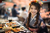 pretty happy smiling asian young woman in traditional clothes kimono at street festival next to a street food stand