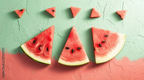 juicy slices of watermelon on a textured teal and coral background, evoking a sense of summer freshness.