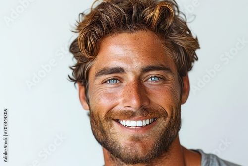  A Closeup Portrait of a Handsome European Man with Clean Teeth and Fresh, Stylish, Wind-Blown Blond Hair, Perfect for a Dental Advertisement, Exuding Confidence and a Salon-Inspired, Generative AI © Ben