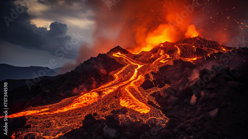 massive volcano eruption. lava running downhill