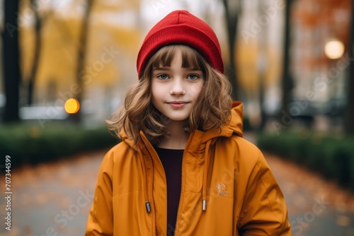 Portrait of a young girl in a yellow jacket and a red hat on the background of autumn park. © Iigo