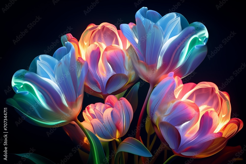 Colorful decorative tulips illuminated by neon light, shimmer with bright rainbow colors, shining beautiful tulips, colorful hypnotic mesmerizing flowers