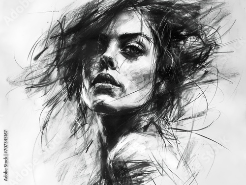 Charcoal drawing. Portrait of a beautiful woman.