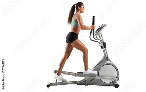 Woman using an elliptical machine for cardio, Elliptical Cardio Workout isolated on transparent background.
