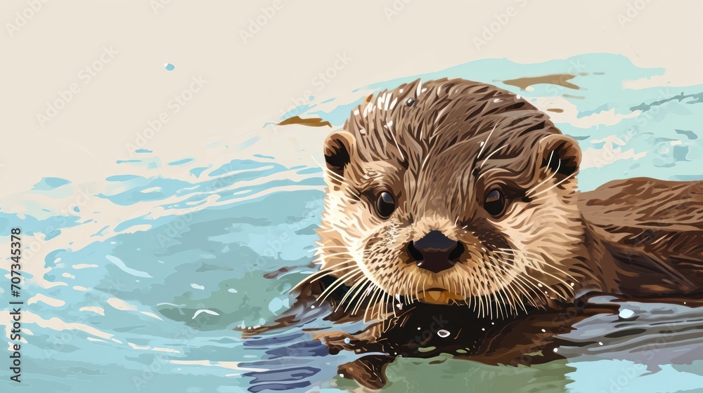 a close up of an otter swimming in a body of water with its head above the water's surface and looking at the camera man's reflection in the water. a close up of an otter swimming in a body of water with its head above the water's surface and looking at the camera man's reflection in the water.
