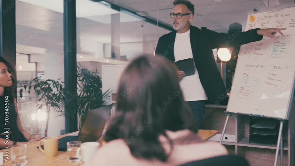 Group presentation, whiteboard and business man explain company agenda, sales plan or client negotiation info. Speech, speaker and night staff listen to proposal ideas, research feedback or strategy