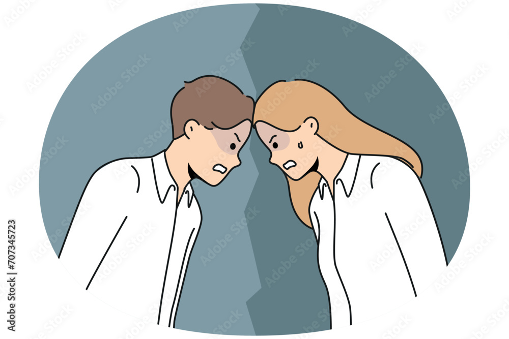 Angry man and woman confrontation at workplace. Furious male and female rivals or competitors fight at work. Rivalry and competition. Vector illustration. Angry man and woman confrontation at workplace. Furious male and female rivals or competitors fight at work. Rivalry and competition. Vector illustration.