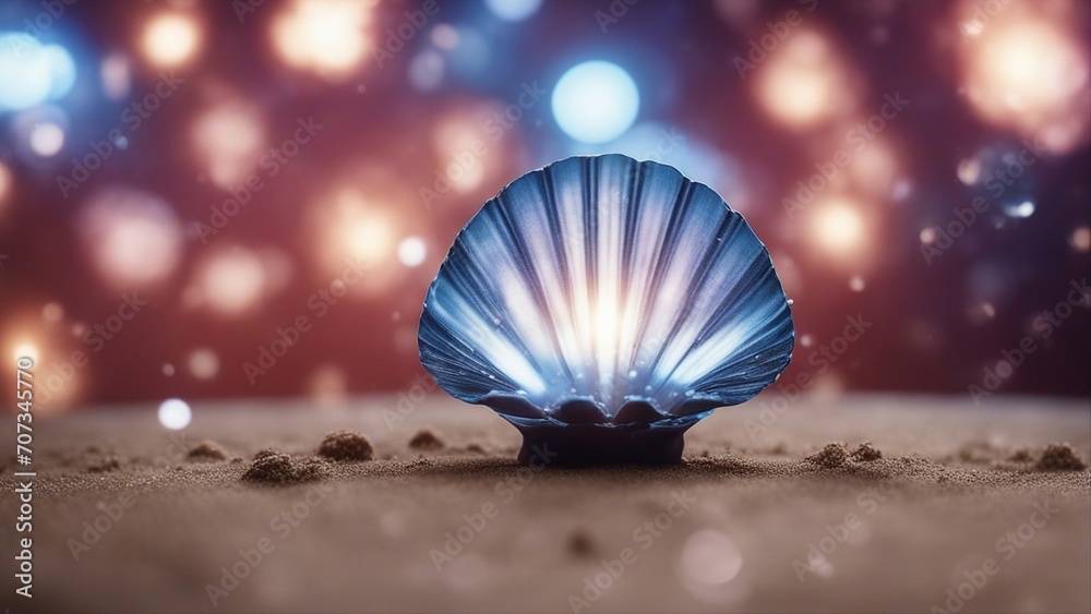 shell on the beach  near exploding star, exploding star,   form of seashell  - obrazy, fototapety, plakaty 