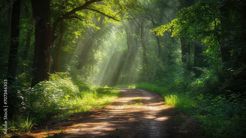 Obraz premium a dirt road in the middle of a forest with sunlight streaming through the trees on either side of the dirt road and the sun shining through the trees on the other side.