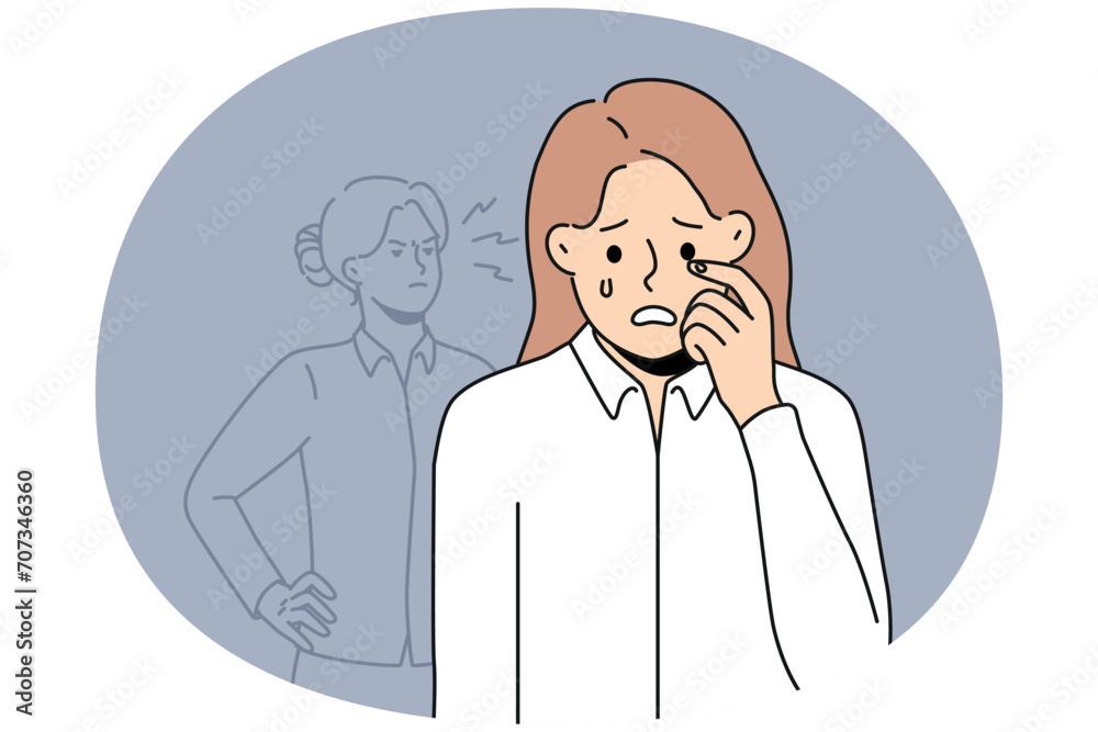 Unhappy stressed female employee cry suffer from harassment or bullying in office. Distressed woman worker struggle with job misunderstanding or crisis. Vector illustration.