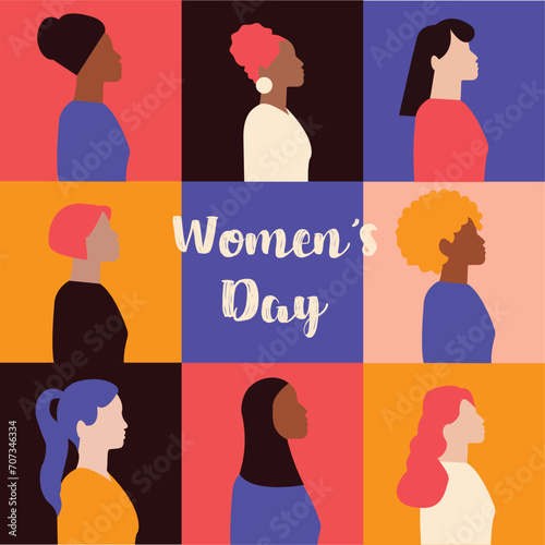 March 8, International Women's Day. Vector illustration group of women in flat style design.