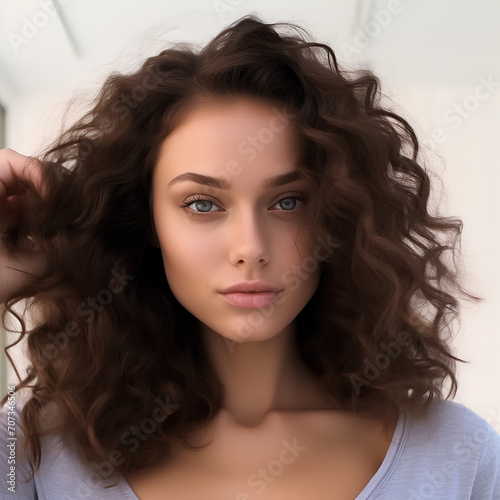Portrait of a young beautiful brunette woman with volumetric curls on a white background.