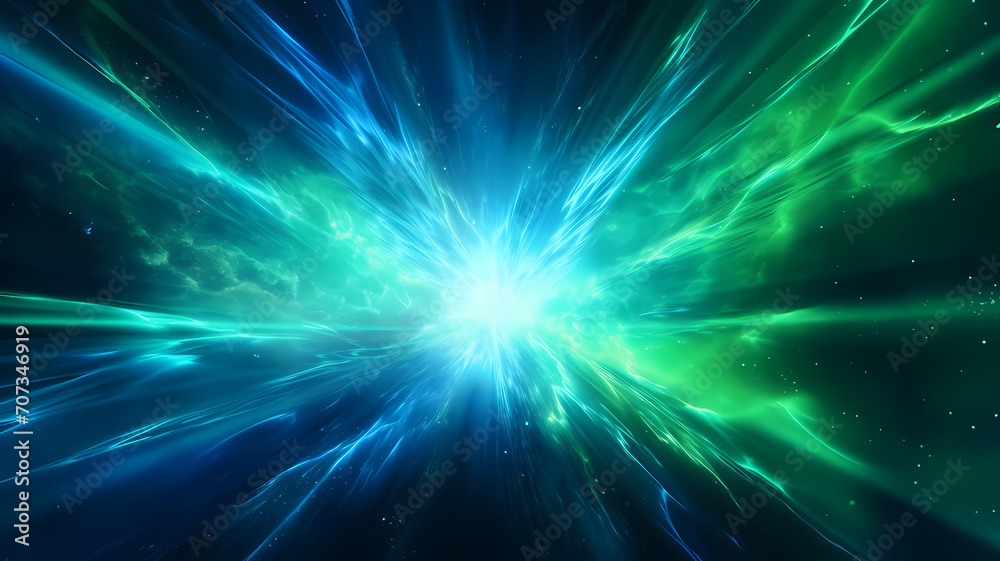 Abstract background in blue green and white neon glow colors. Speed of light in galaxy. Explosion in universe Abstract background in blue green and white neon glow colors. Speed of light in galaxy. Explosion in universe