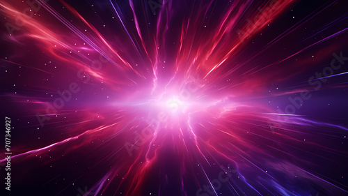 Abstract background in red purple and white neon glow colors. Speed of light in galaxy. Explosion in universe