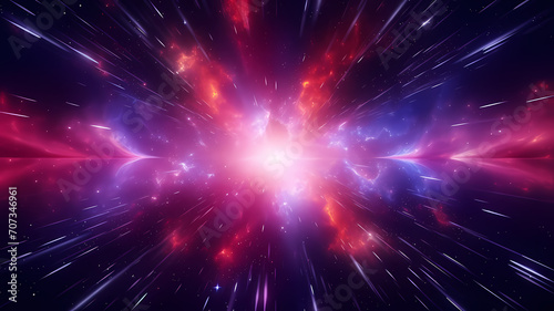 Abstract background in red purple and white neon glow colors. Speed of light in galaxy. Explosion in universe