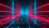 Cyan blue and red grids neon glow light grid backdrop design with creativity, virtual reality concept, hi-tech abstract backgroud