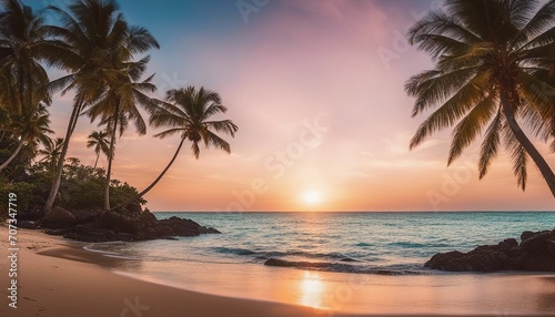 Sunset Serenity at a Tropical Beach with Palm Trees