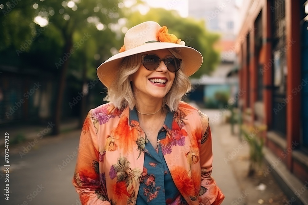 Portrait of a smiling woman in hat and sunglasses on the street