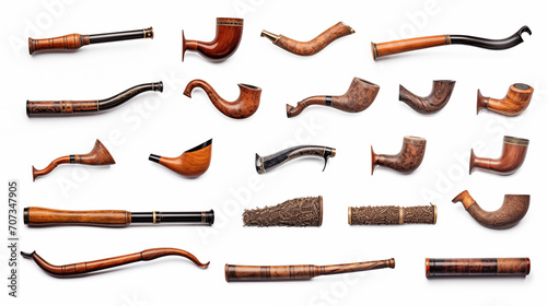 many different smoking pipes isolated on white background
