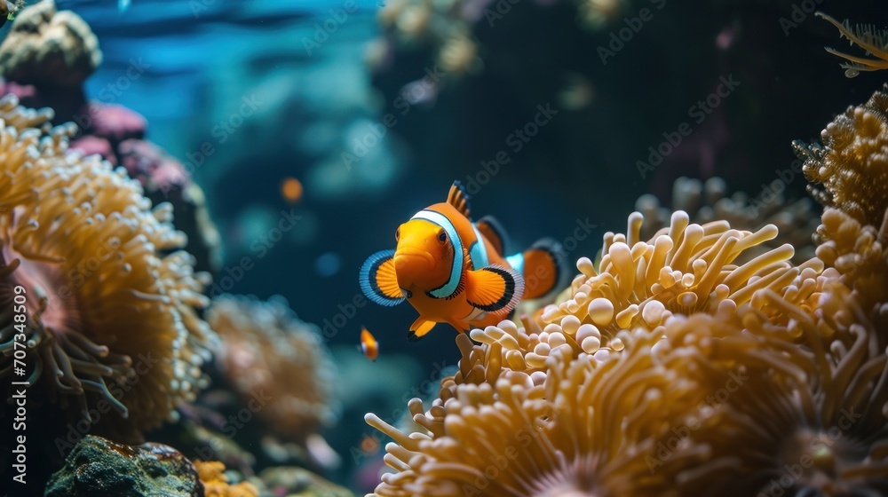 an orange and white clown fish swimming in an aquarium with anemone and anemone anemone on the bottom of anemone and anemone anemone anemone. an orange and white clown fish swimming in an aquarium with anemone and anemone anemone on the bottom of anemone and anemone anemone anemone.