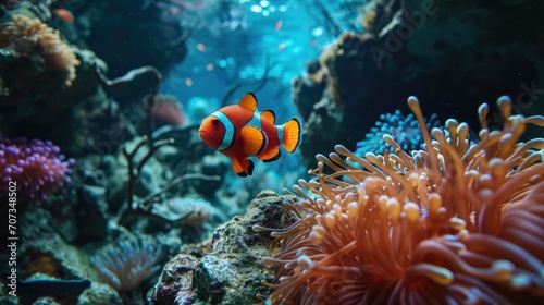  a clown fish swimming in an aquarium with anemone and anemone anemone in the foreground and anemone anemone in the background.